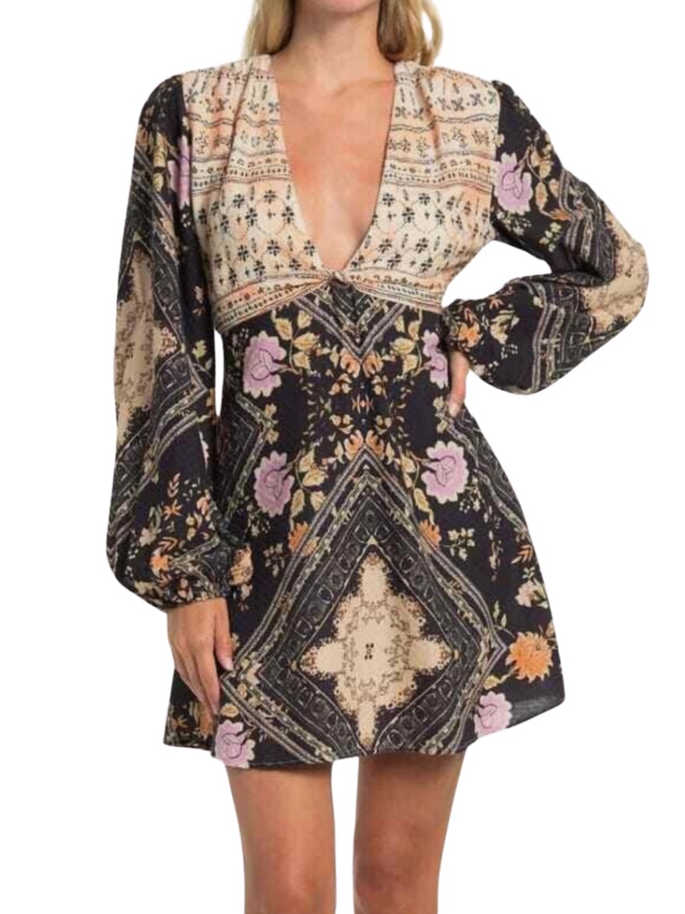 Free People Patchwork Floral V-Neck Tunic - Pink & Black